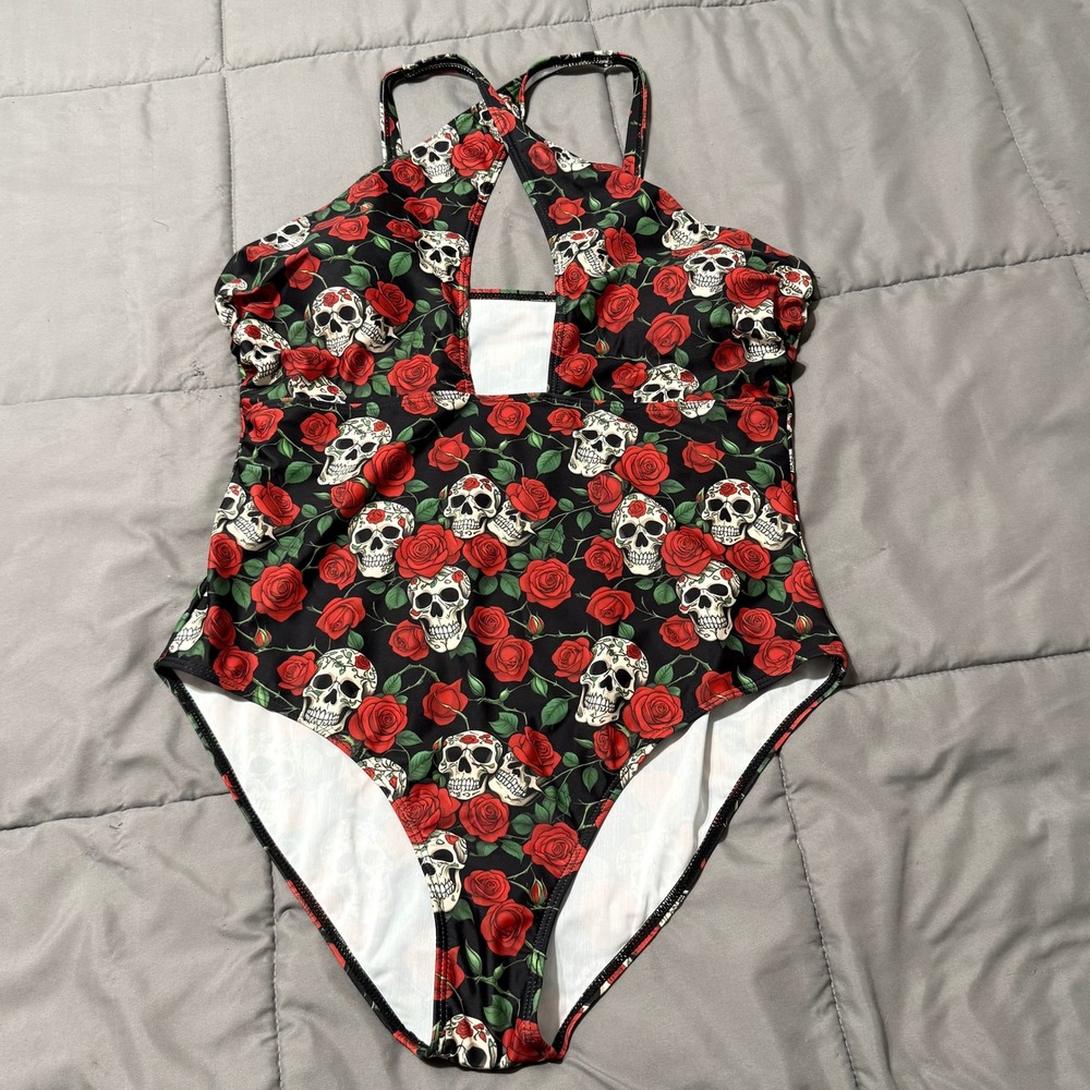 Skull and Rose Floral One Piece Swimsuit Cutout Halter 1XL Black Red
